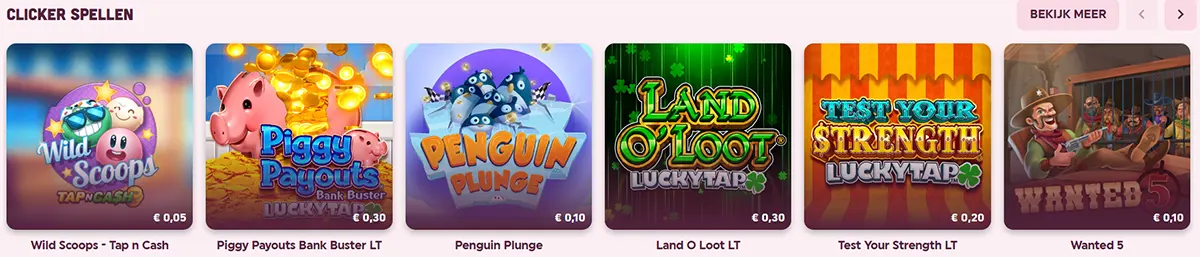 Clicker games section in Dutch showing colorful game tiles including Wild Scoops – Tap ’n Cash, Piggy Payouts Bank Buster LT, Penguin Plunge, Land O’ Loot LT, Test Your Strength LT, and Wanted 5, each displayed with artwork and minimum bet amounts.